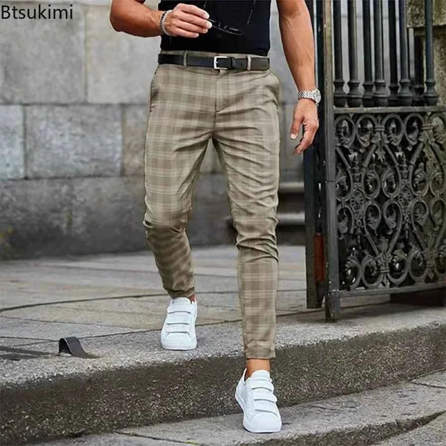 New 2025 Men's Formal Business Suit Pants Fashion Mid-waist Print Plaid Trousers Spring Autumn Comfortable Elastic Pants for Men