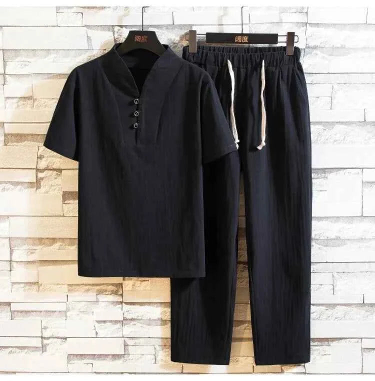 men's casual shirts (Shirt + trousers) 2025 summer men shirt Man Cotton and linen shirts Short sleeve men A set of clothes M-5XL
