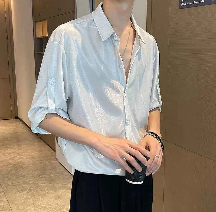 Shirts for Men Silk Plain Man Shirt Green Half Sleeve Cool Cotton Summer Xxl Slim Fit Hipster Original Asia I Fashion 2024 Sale