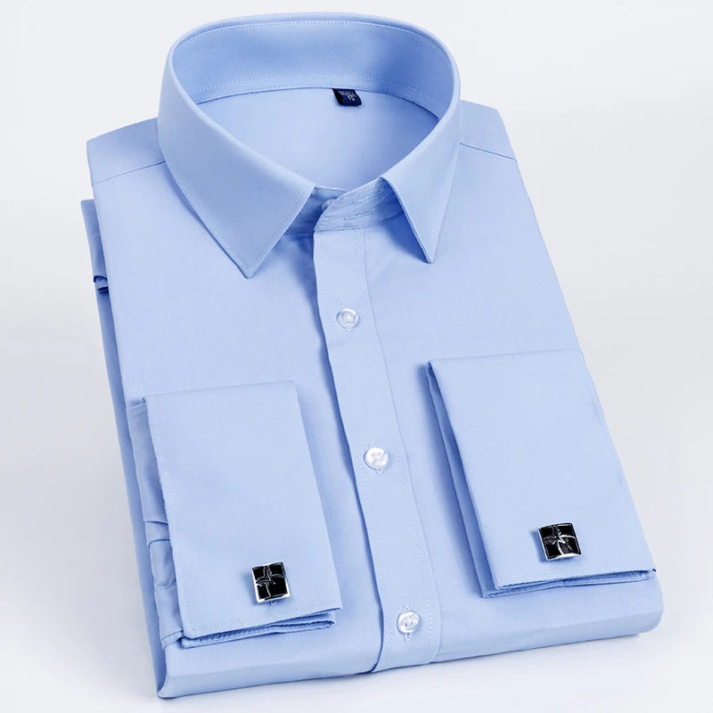 Men's French Cuff Dress Shirt Long Sleeve Slim Fit Tuxedo Shirts with Cufflinks Poly/Cotton Double Button Collar