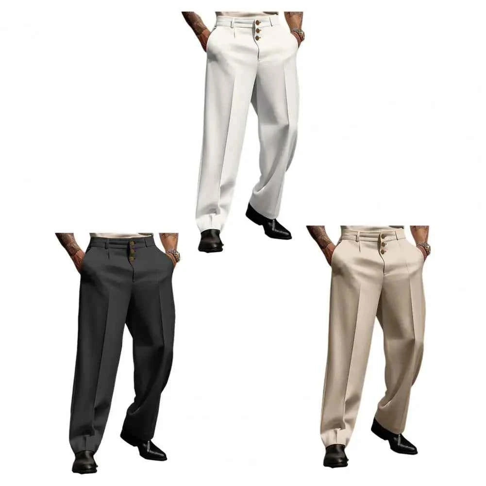 Men Suit Pants Elegant Men's Business Suit Pants with Straight Loose Fit Soft Pockets Button Closure Mid Waist Formal for Office