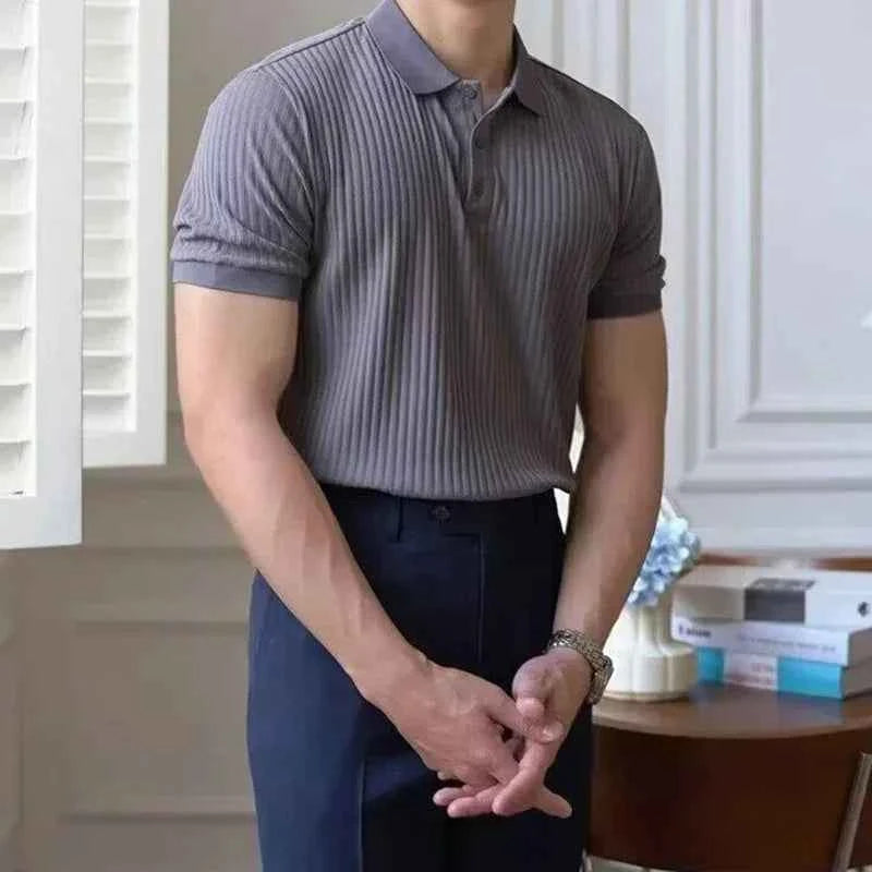 Summer Men's Clothing Retro Knit Lapel Striped Polo Shirt Solid Color Short Sleeve Fashion Light Luxury Popular Knitwear M-5XL