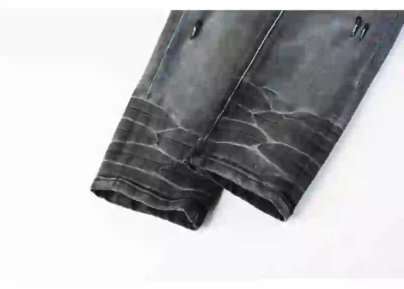 Designer fashion new denim jeans with stretch, slim fit, perforated, red patch washed, nostalgic black gray jeans, high street h