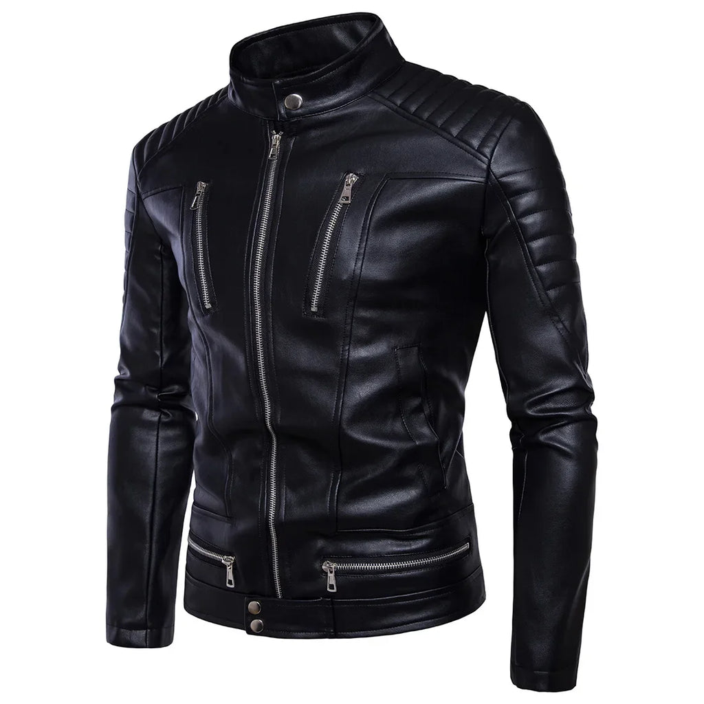 Men's Bomber Jackets Fashion Men Faux Leather Coat Zipper Overcoat Mot