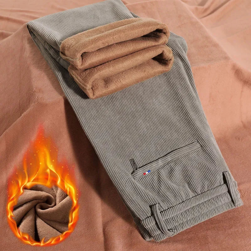 Winter Fleece Straight Men's Casual Pants Corduroy Thicken Baggy Stretch Trousers Fashion Soft Classic Keep Warm Man Clothes