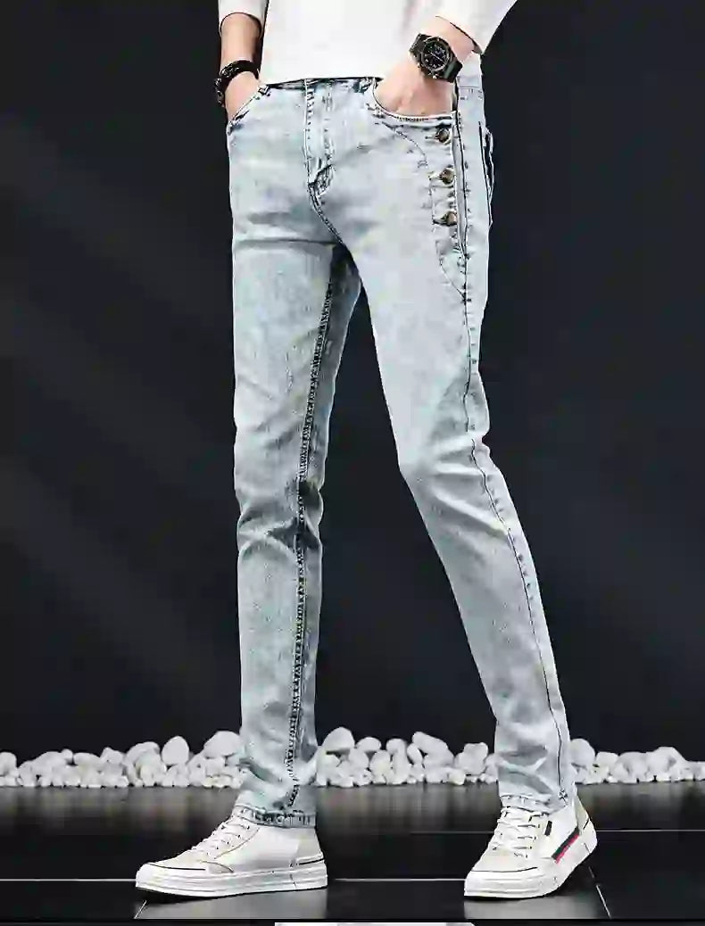 Slim Skinny Jeans Herr Nya Elastiska Koreanska Design Mode Flerknapps B