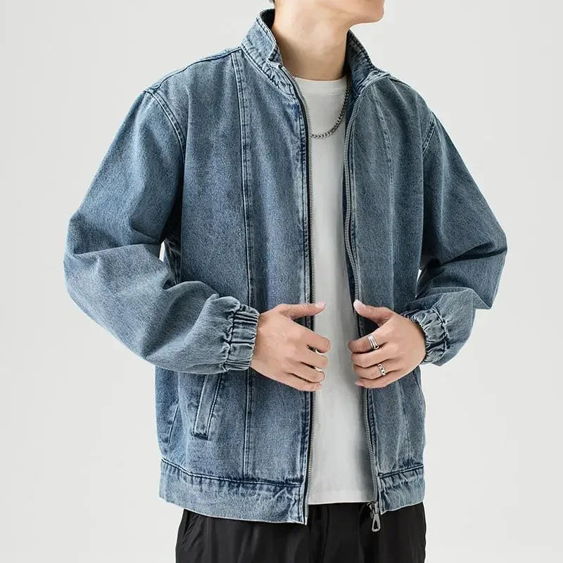 Men's Denim Jacket Biker Aesthetic Zip V Male Jean Coats Motorcycle Designer Winter 2024 Original Menswear New in Joker Fashion