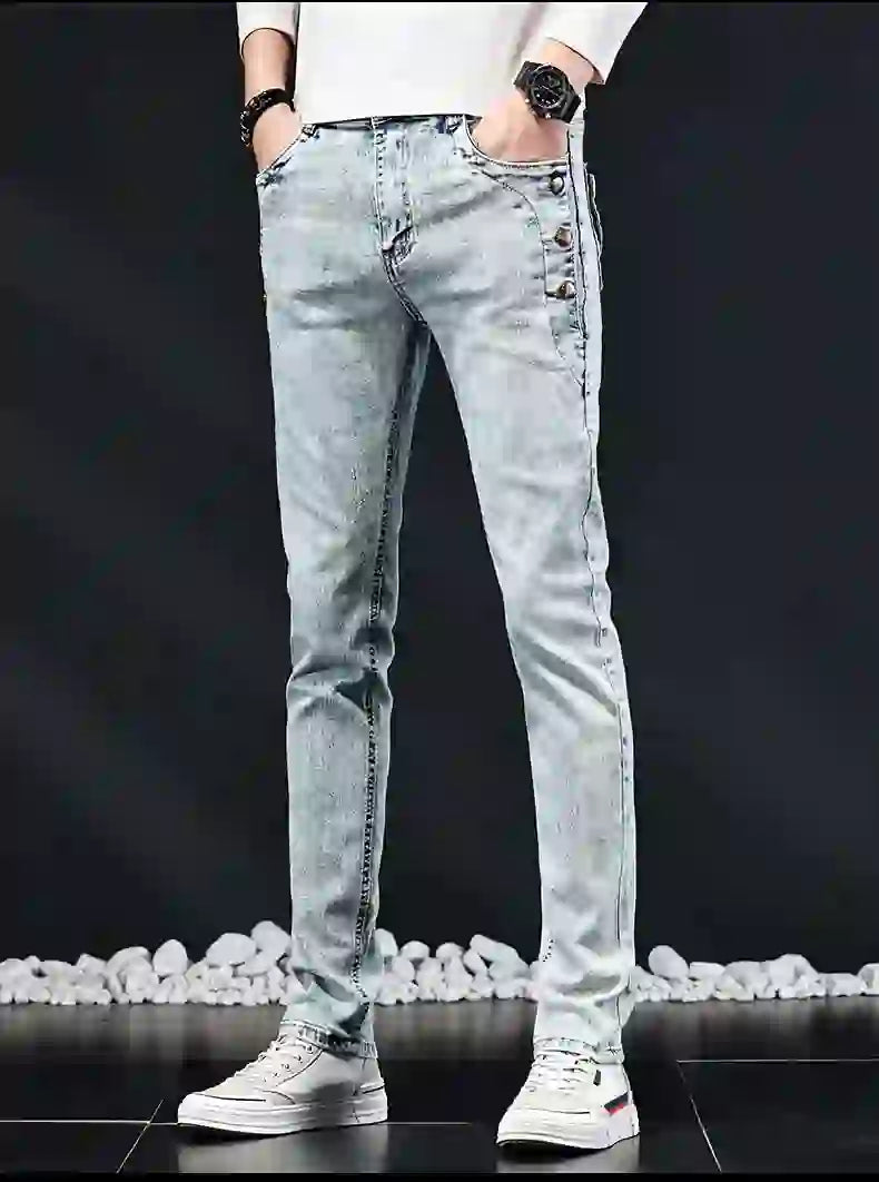 Slim Skinny Jeans Herr Nya Elastiska Koreanska Design Mode Flerknapps B