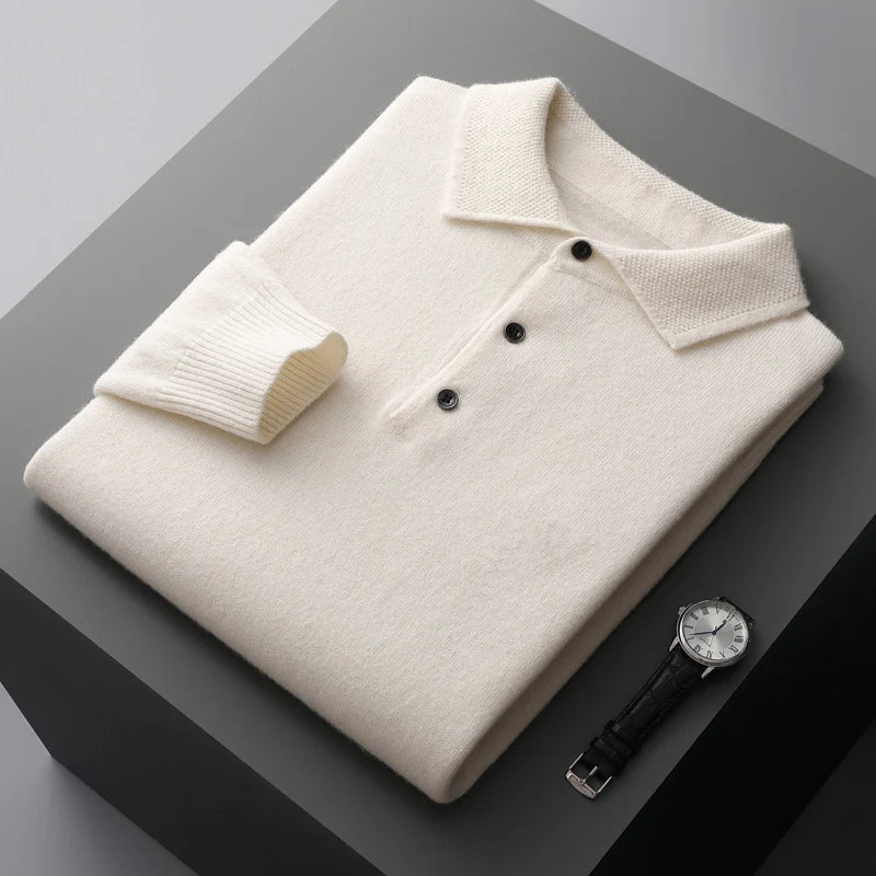Pure Wool Sweater Men's POLO Neck Three-Button Loose Business Casual Medium Thick Warm Long-Sleeved Cashmere Large Knitted Shirt