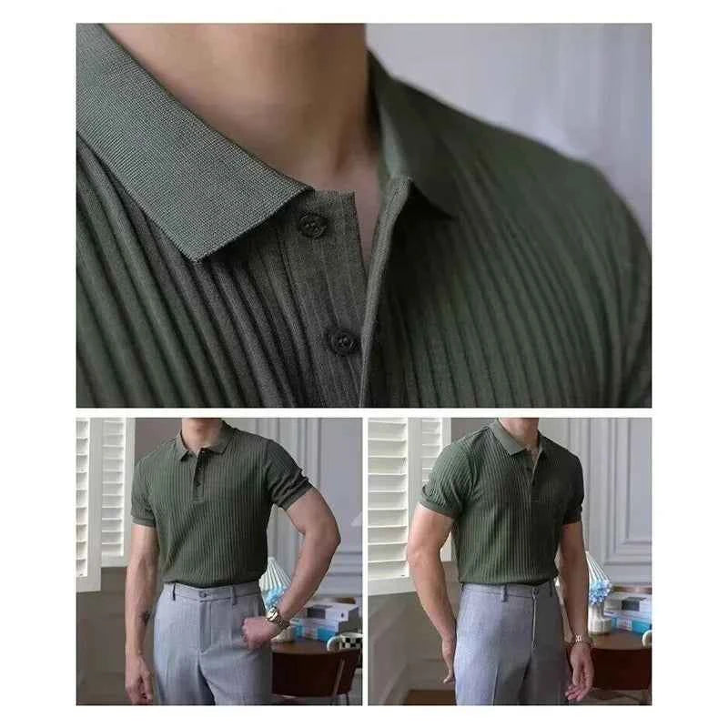 Summer Men's Clothing Retro Knit Lapel Striped Polo Shirt Solid Color Short Sleeve Fashion Light Luxury Popular Knitwear M-5XL