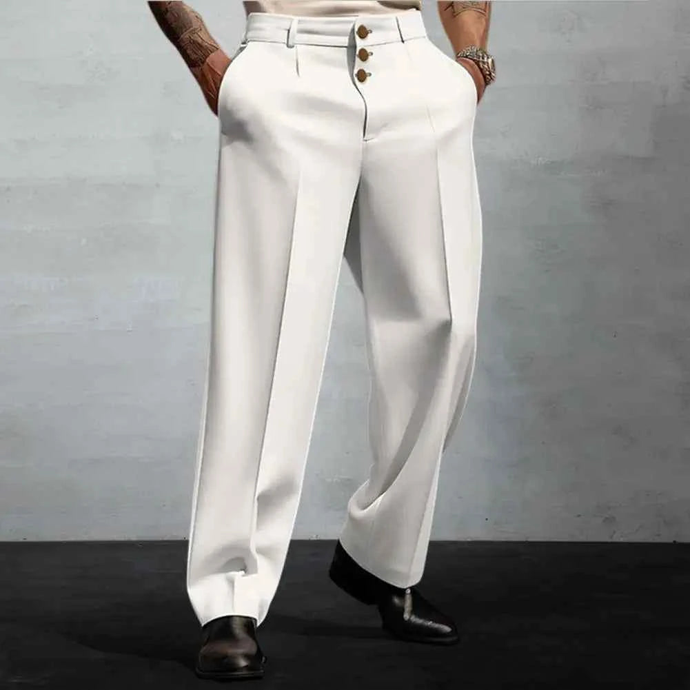 Men Suit Pants Elegant Men's Business Suit Pants with Straight Loose Fit Soft Pockets Button Closure Mid Waist Formal for Office