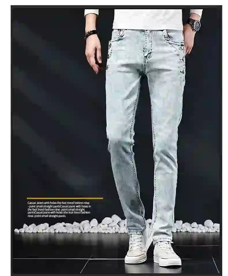 Slim Skinny Jeans Men New Elastic Korean Design Fashion Multi-Button Blue White Vintage Wash Cotton Stretch Denim Pants Trousers
