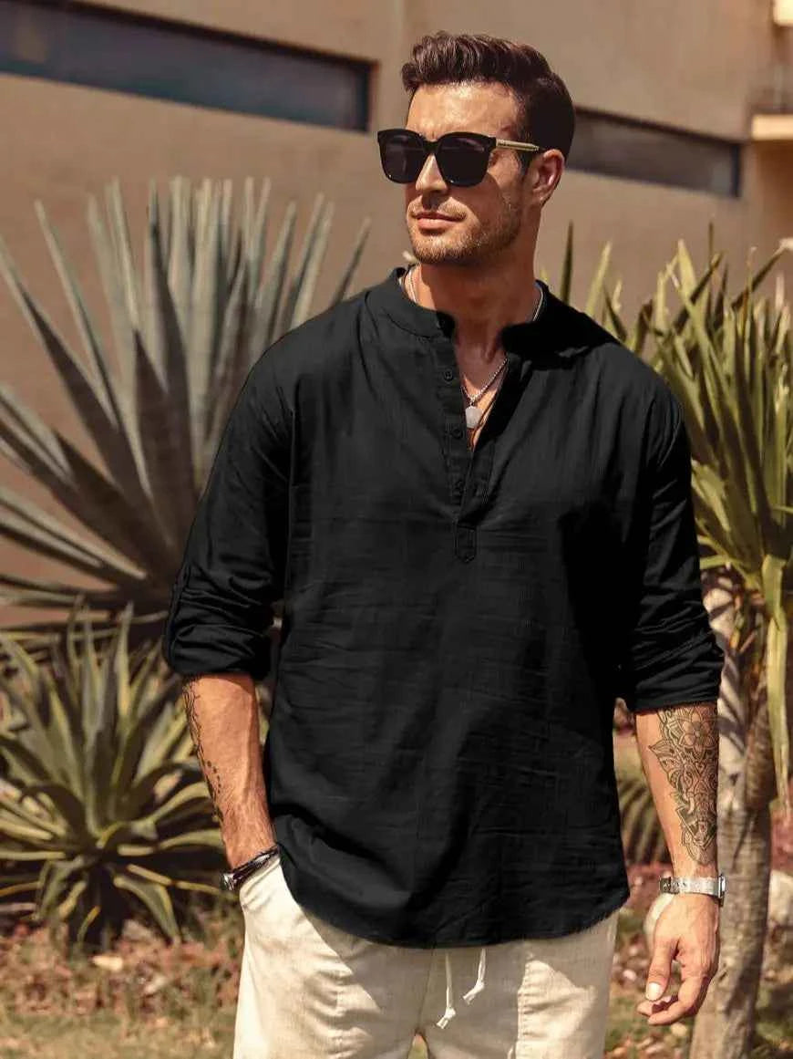Men's Casual Blouse Cotton Linen Shirt Loose Tops Long Sleeve Henley Shirt Spring Autumn Handsome Shirts Shirts for Men
