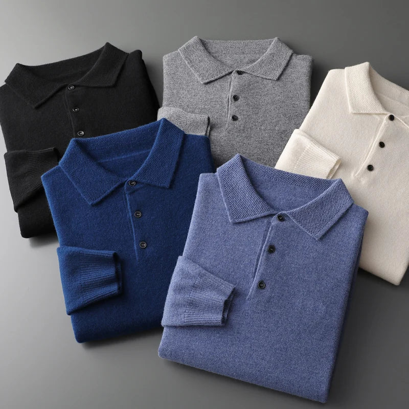 Pure Wool Sweater Men's POLO Neck Three-Button Loose Business Casual Medium Thick Warm Long-Sleeved Cashmere Large Knitted Shirt