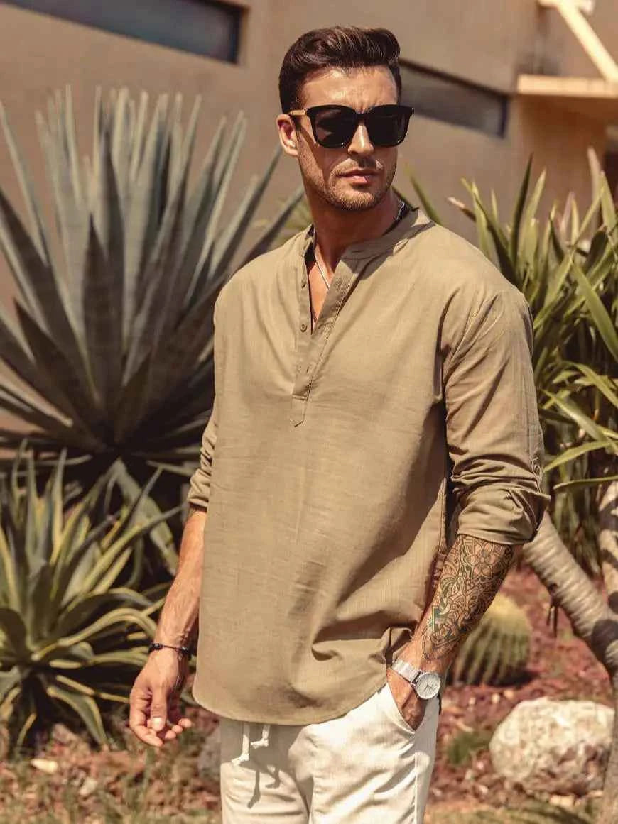 Men's Casual Blouse Cotton Linen Shirt Loose Tops Long Sleeve Henley Shirt Spring Autumn Handsome Shirts Shirts for Men