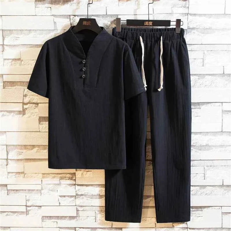 men's casual shirts (Shirt + trousers) 2025 summer men shirt Man Cotton and linen shirts Short sleeve men A set of clothes M-5XL