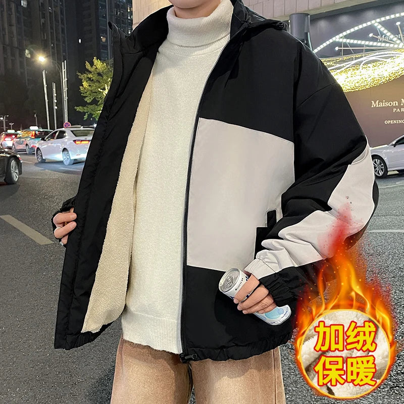 Couple Clothing Autumn Winter Men's Jacket with Fleece Hooded Patchwork Windproof Warm Women Coat