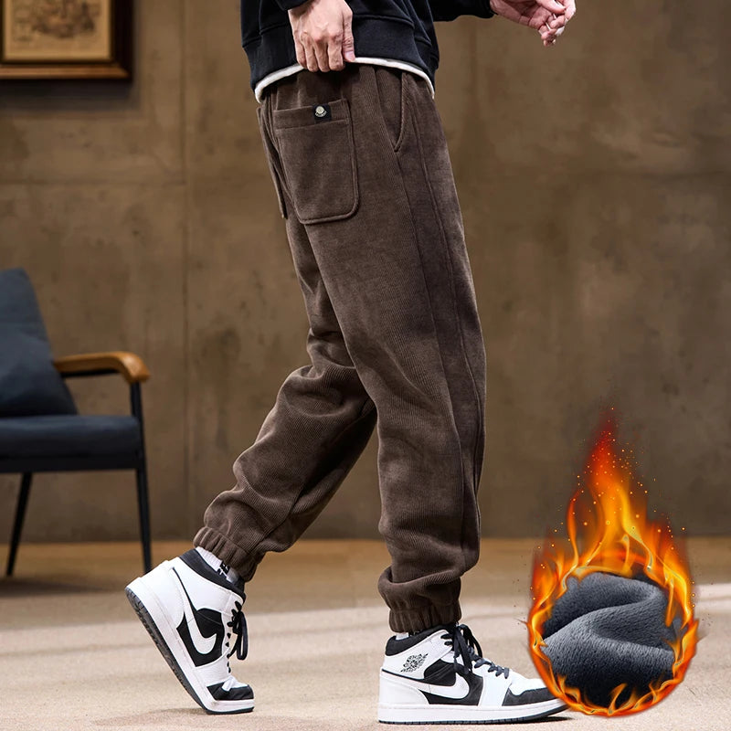 Men's Winter Fleece Warm Straight Casual Pants Classic Solid Thicke Velvet Stretch Trousers Man Bound Feet Jogging Sweatpants