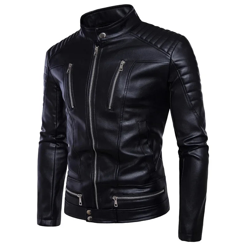 Men's Bomber Jackets Fashion Men Faux Leather Coat Zipper Overcoat Mot