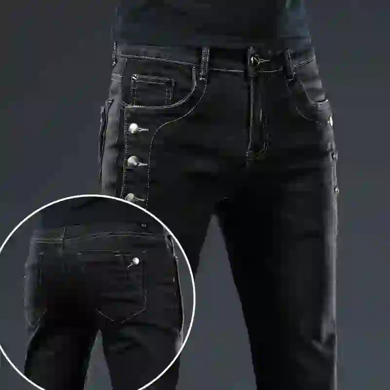 Slim Skinny Jeans Herr Nya Elastiska Koreanska Design Mode Flerknapps B