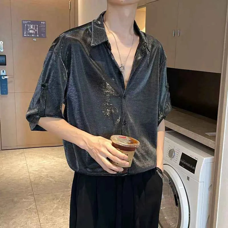 Shirts for Men Silk Plain Man Shirt Green Half Sleeve Cool Cotton Summer Xxl Slim Fit Hipster Original Asia I Fashion 2024 Sale