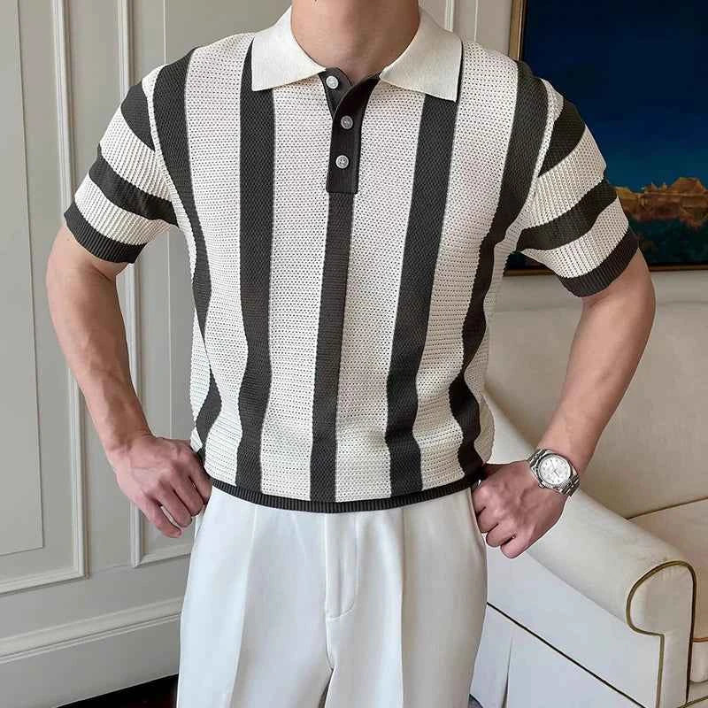 Stylish Mens Slim Short Sleeve Polo Shirts Knitting Striped Contrast Color Polo T Shirt For Men Summer New Casual Buttoned Polos