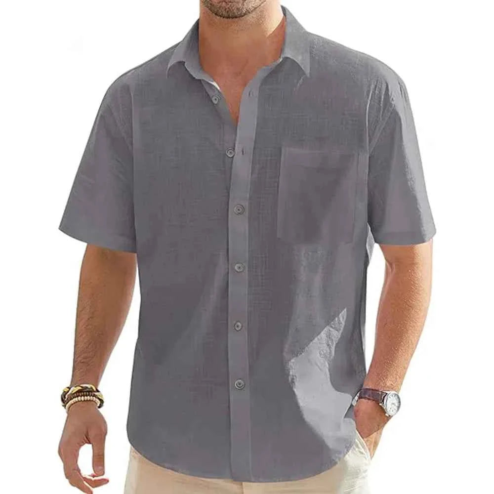 New Men's Shirts Cotton Linen Short-sleeved Single-breasted Shirts Men's Holiday Beach Shirts Streetwear Solid Colour Tops