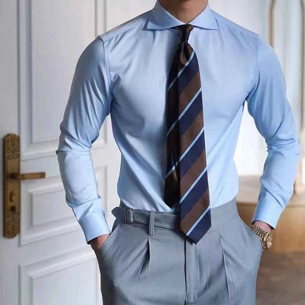 Mens Business Slim Casual Long-Sleeved Shirt 2025 Summer New Fashion Trend Solid Color Party Stage Formal Shirt Mens Clothing