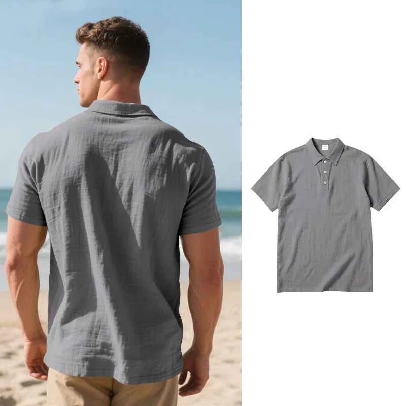 2025 Daily Casual Short Sleeve Linen Polo Shirt Mens Fashion Buttoned turn-down collar Shirt Summer Leisure beach men Polo Shirt