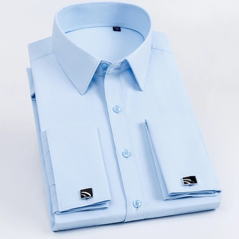 Men's French Cuff Dress Shirt Long Sleeve Slim Fit Tuxedo Shirts with Cufflinks Poly/Cotton Double Button Collar