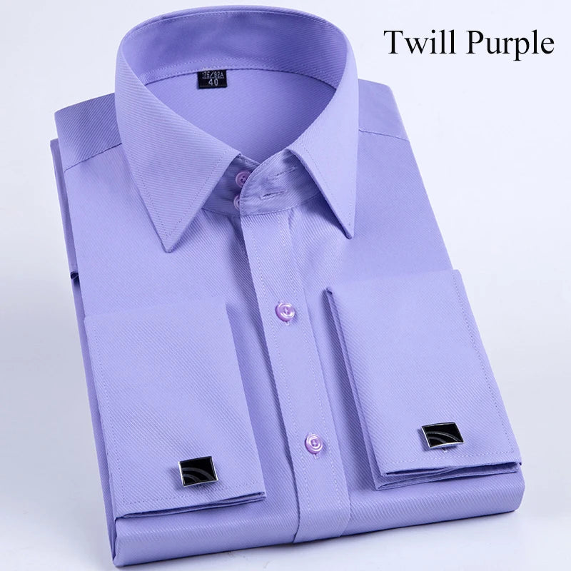 Men's French Cuff Dress Shirt Long Sleeve Slim Fit Tuxedo Shirts with Cufflinks Poly/Cotton Double Button Collar