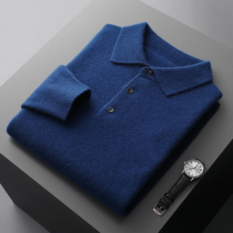 Pure Wool Sweater Men's POLO Neck Three-Button Loose Business Casual Medium Thick Warm Long-Sleeved Cashmere Large Knitted Shirt