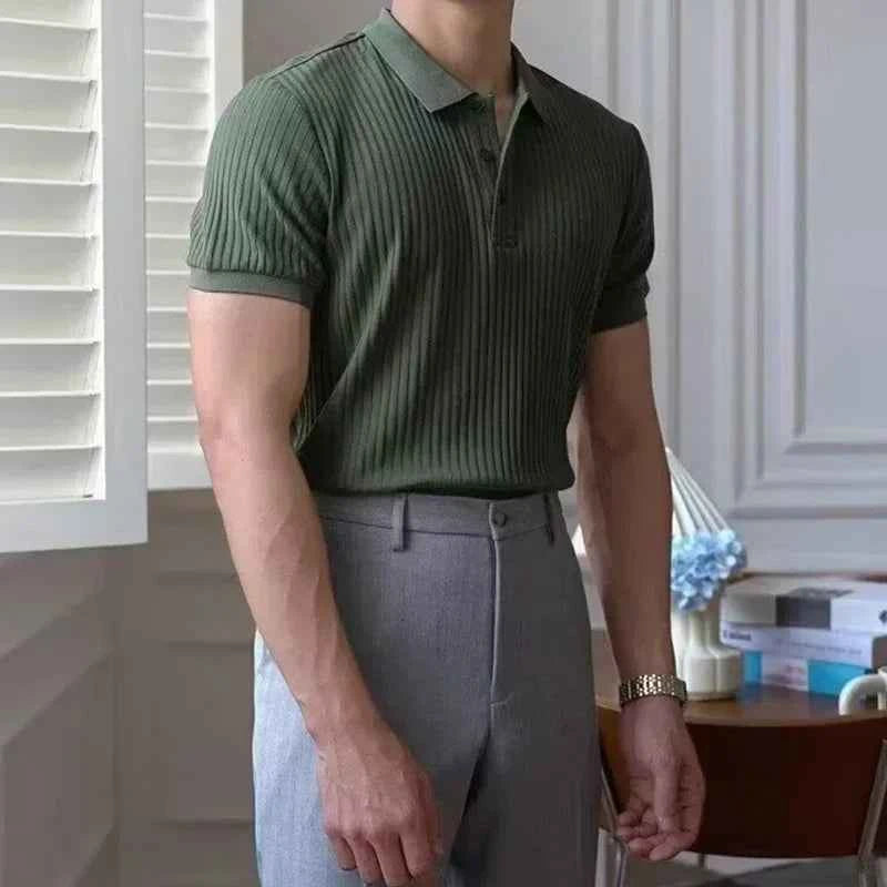 Summer Men's Clothing Retro Knit Lapel Striped Polo Shirt Solid Color Short Sleeve Fashion Light Luxury Popular Knitwear M-5XL