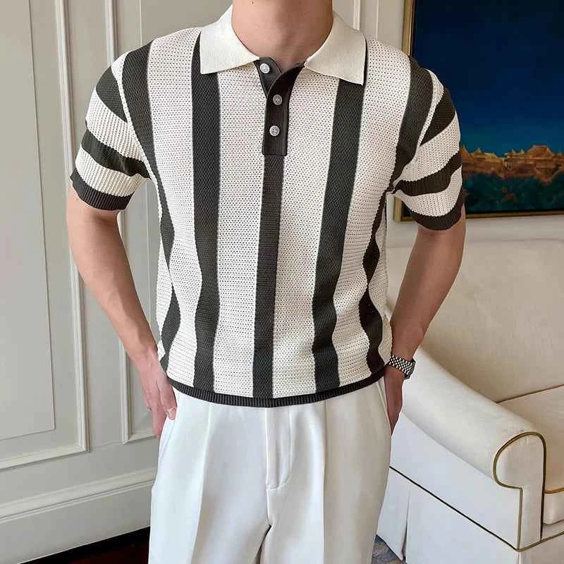 Stylish Mens Slim Short Sleeve Polo Shirts Knitting Striped Contrast Color Polo T Shirt For Men Summer New Casual Buttoned Polos