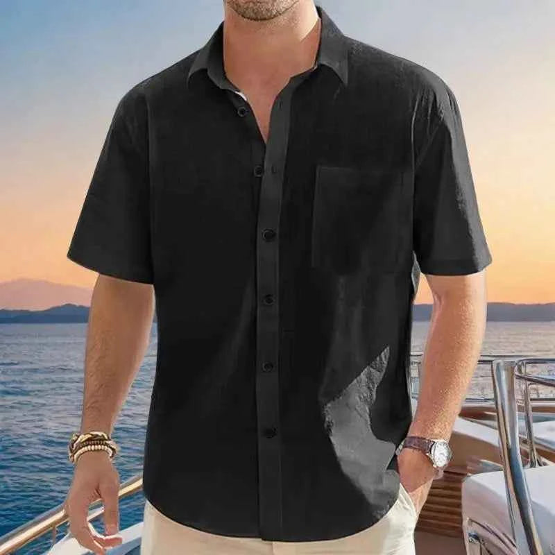 New Men's Shirts Cotton Linen Short-sleeved Single-breasted Shirts Men's Holiday Beach Shirts Streetwear Solid Colour Tops