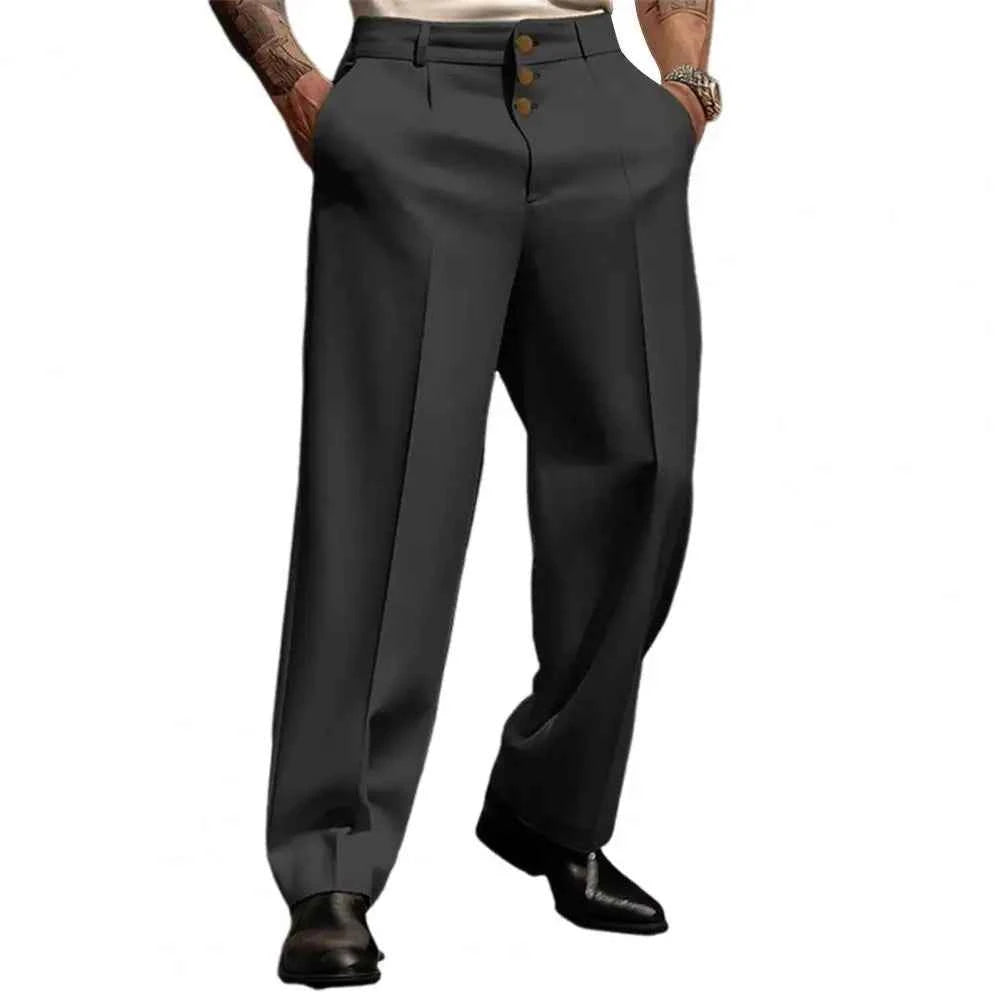 Men Suit Pants Elegant Men's Business Suit Pants with Straight Loose Fit Soft Pockets Button Closure Mid Waist Formal for Office