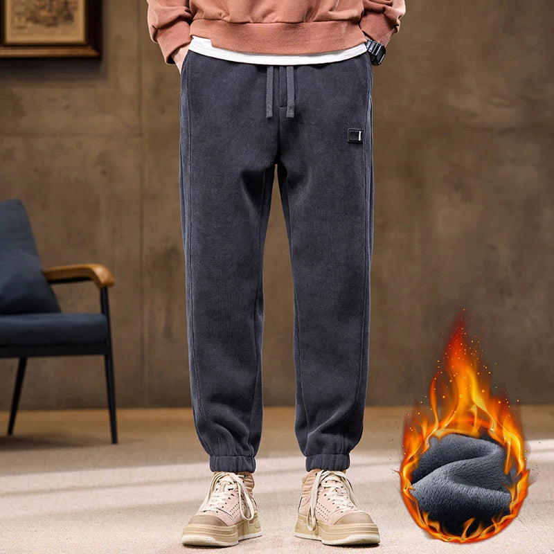 Men's Winter Fleece Warm Straight Casual Pants Classic Solid Thicke Velvet Stretch Trousers Man Bound Feet Jogging Sweatpants