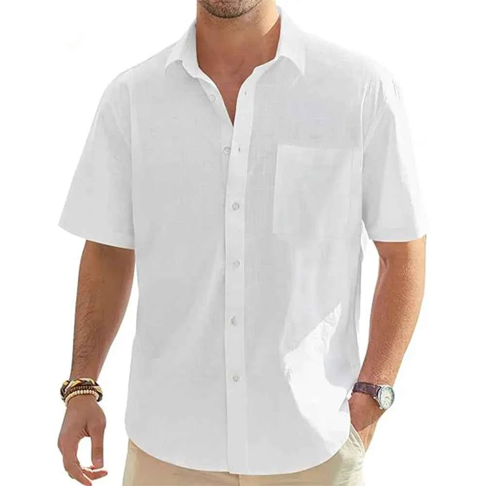 New Men's Shirts Cotton Linen Short-sleeved Single-breasted Shirts Men's Holiday Beach Shirts Streetwear Solid Colour Tops