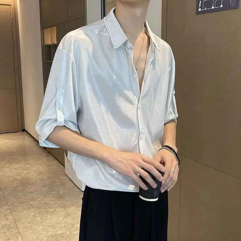 Shirts for Men Silk Plain Man Shirt Green Half Sleeve Cool Cotton Summer Xxl Slim Fit Hipster Original Asia I Fashion 2024 Sale