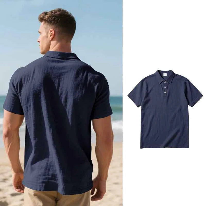 2025 Daily Casual Short Sleeve Linen Polo Shirt Mens Fashion Buttoned turn-down collar Shirt Summer Leisure beach men Polo Shirt