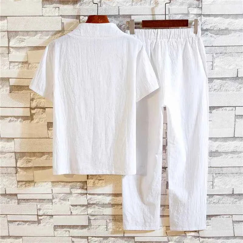 men's casual shirts (Shirt + trousers) 2025 summer men shirt Man Cotton and linen shirts Short sleeve men A set of clothes M-5XL