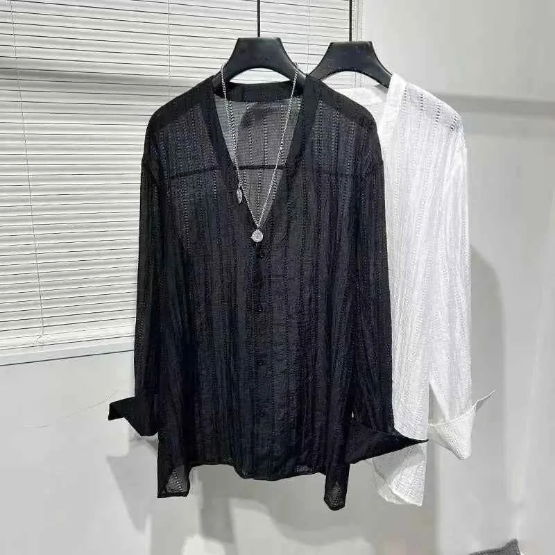 Mens Shirts Spring New Fashion Lace Long Sleeve Loose Casual T-shirt for Men