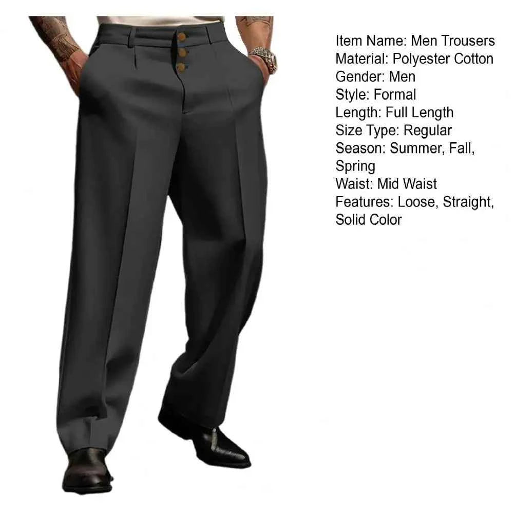 Men Suit Pants Elegant Men's Business Suit Pants with Straight Loose Fit Soft Pockets Button Closure Mid Waist Formal for Office