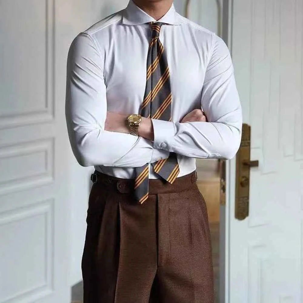 Mens Business Slim Casual Long-Sleeved Shirt 2025 Summer New Fashion Trend Solid Color Party Stage Formal Shirt Mens Clothing
