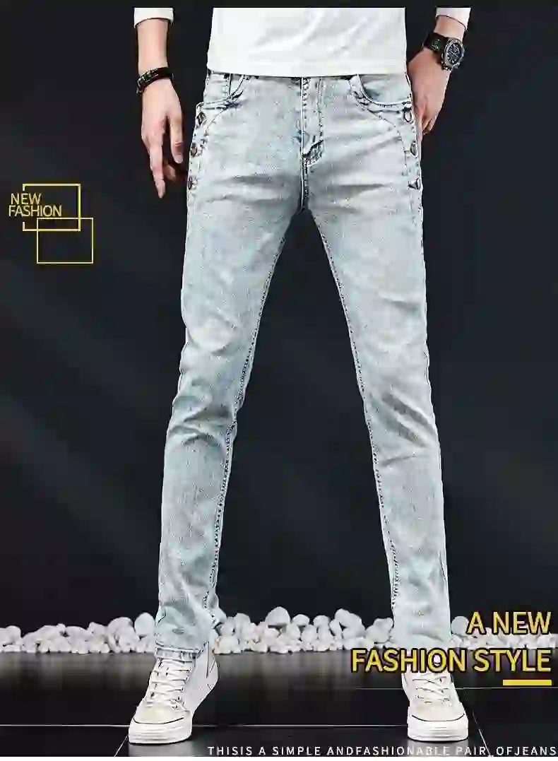 Slim Skinny Jeans Men New Elastic Korean Design Fashion Multi-Button Blue White Vintage Wash Cotton Stretch Denim Pants Trousers