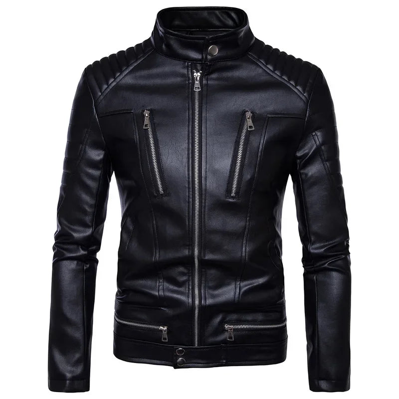 Men's Bomber Jackets Fashion Men Faux Leather Coat Zipper Overcoat Mot