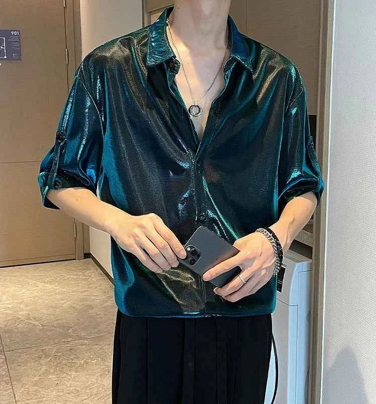 Shirts for Men Silk Plain Man Shirt Green Half Sleeve Cool Cotton Summer Xxl Slim Fit Hipster Original Asia I Fashion 2024 Sale