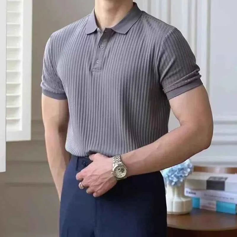 Summer Men's Clothing Retro Knit Lapel Striped Polo Shirt Solid Color Short Sleeve Fashion Light Luxury Popular Knitwear M-5XL