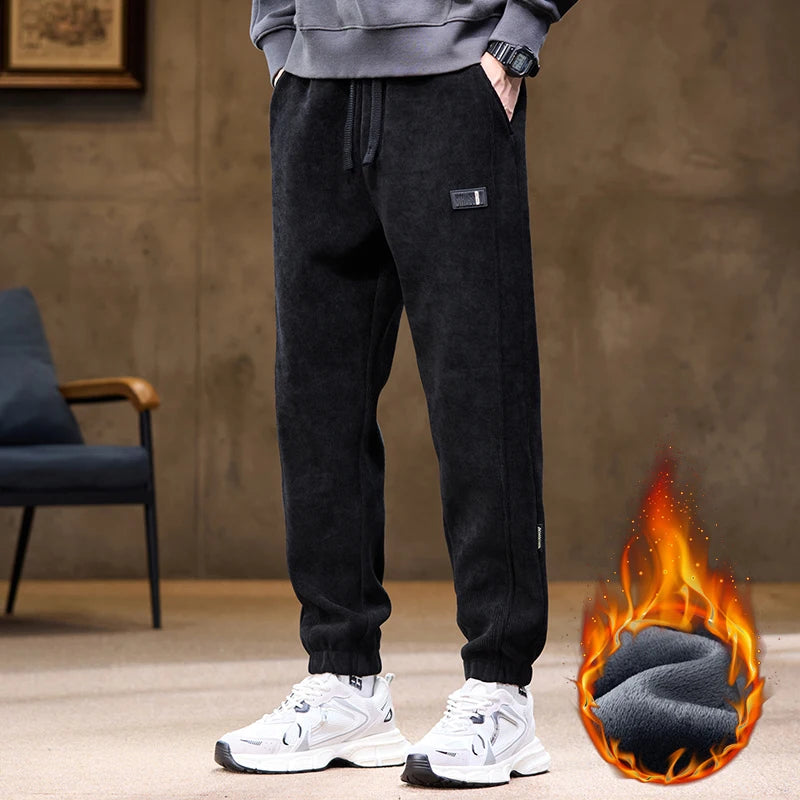 Men's Winter Fleece Warm Straight Casual Pants Classic Solid Thicke Velvet Stretch Trousers Man Bound Feet Jogging Sweatpants