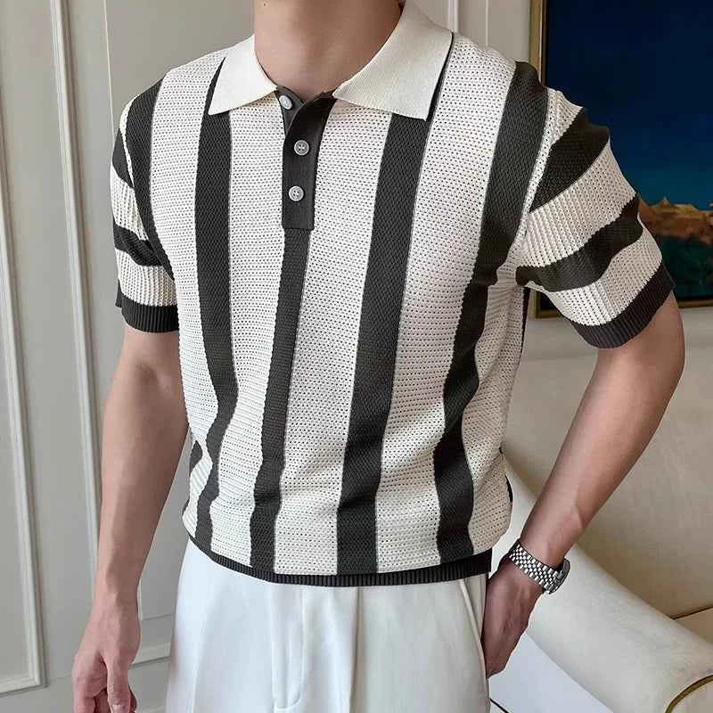 Stylish Mens Slim Short Sleeve Polo Shirts Knitting Striped Contrast Color Polo T Shirt For Men Summer New Casual Buttoned Polos